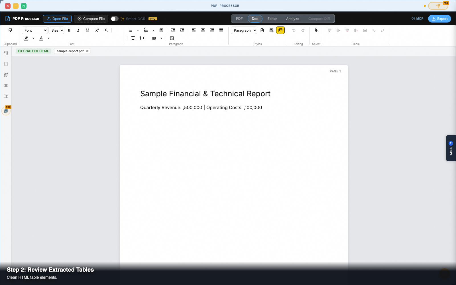 Step 2 — Review detected tables in the Doc view